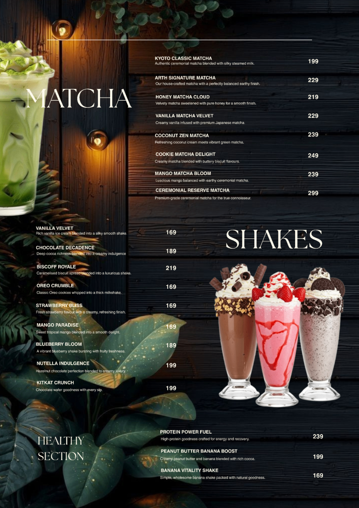 Arth Coffee — Matcha, Shakes and Healthy Section menu